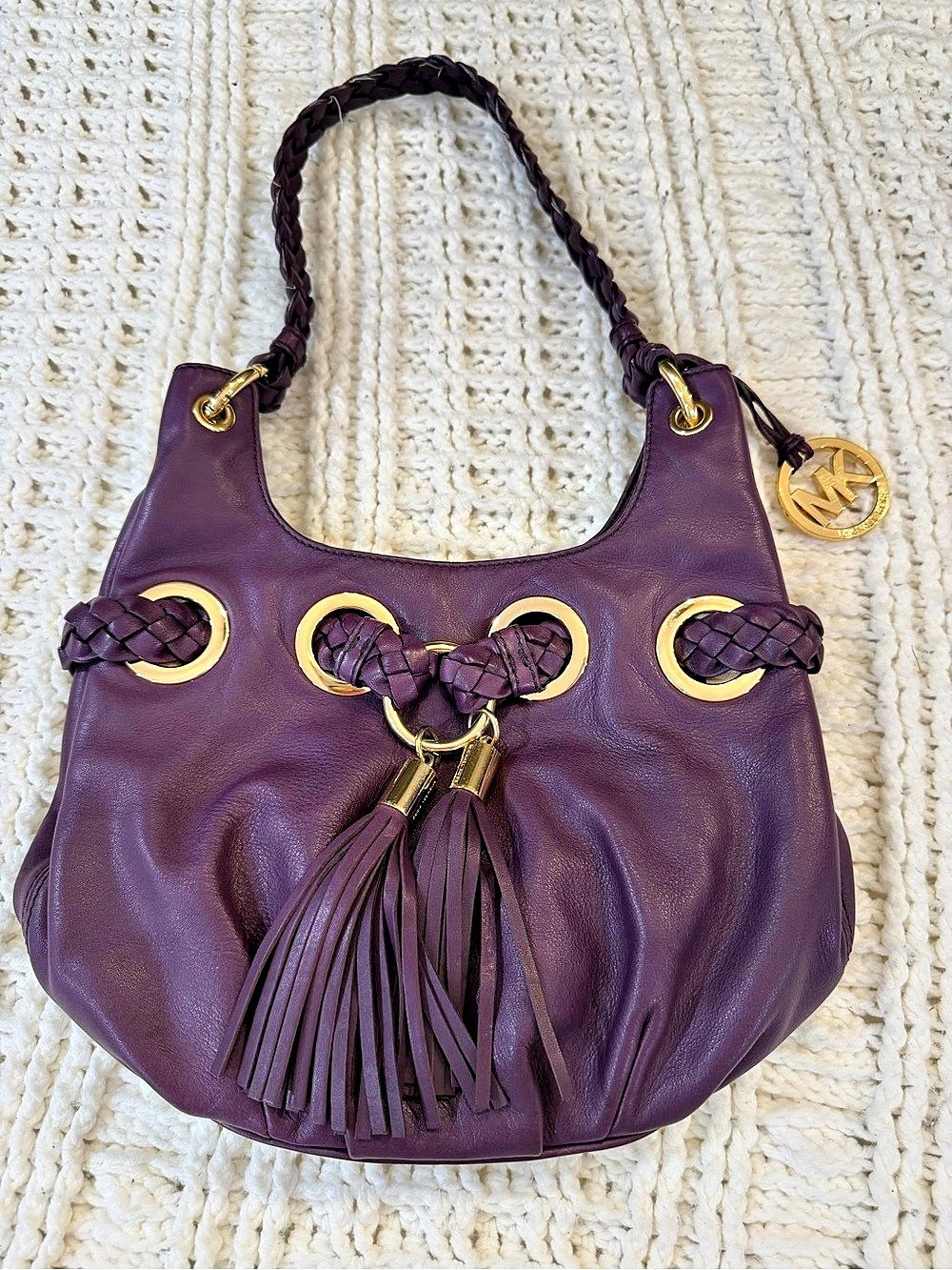 Michael Kors Purple Leather-Look Tassel Hobo Bag